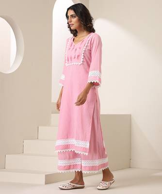 Pink plain cotton kurta set 5