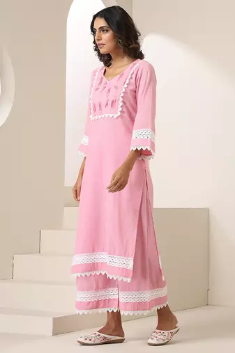 Pink plain cotton kurta set