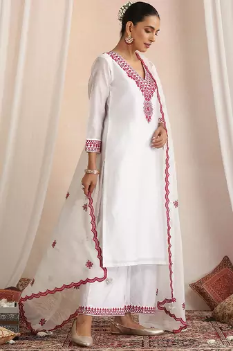 White embroidered chanderi kurta set