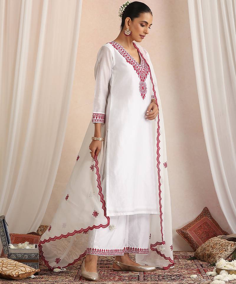 White embroidered chanderi kurta set