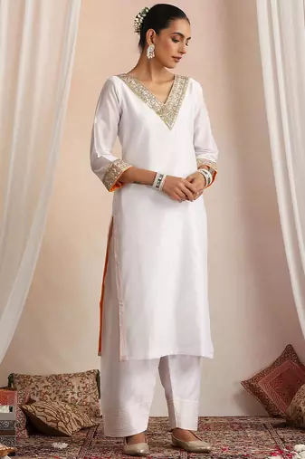 White embroidered chanderi kurta set