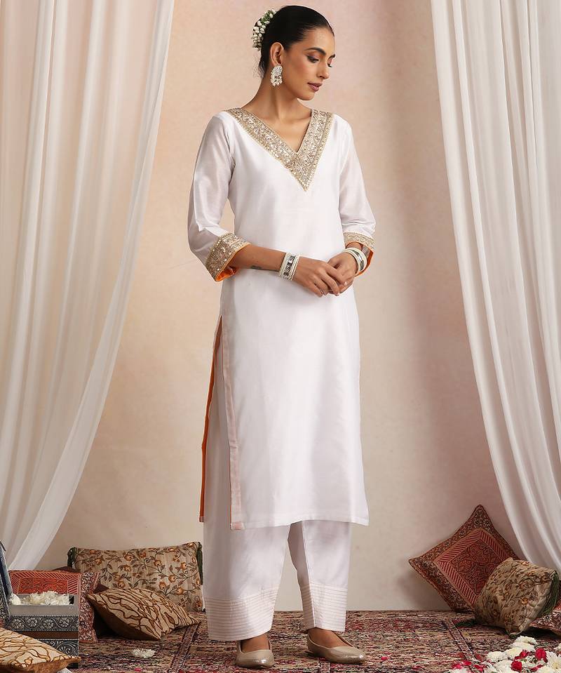 White embroidered chanderi kurta set