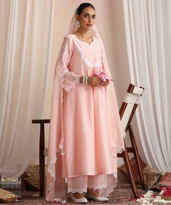 Peach embroidered chanderi kurta set 1