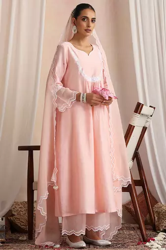 Peach embroidered chanderi kurta set