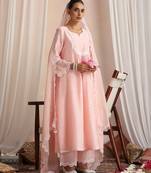 Peach embroidered chanderi kurta set