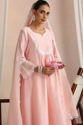 Peach embroidered chanderi kurta set