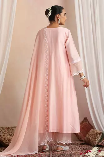 Peach embroidered chanderi kurta set