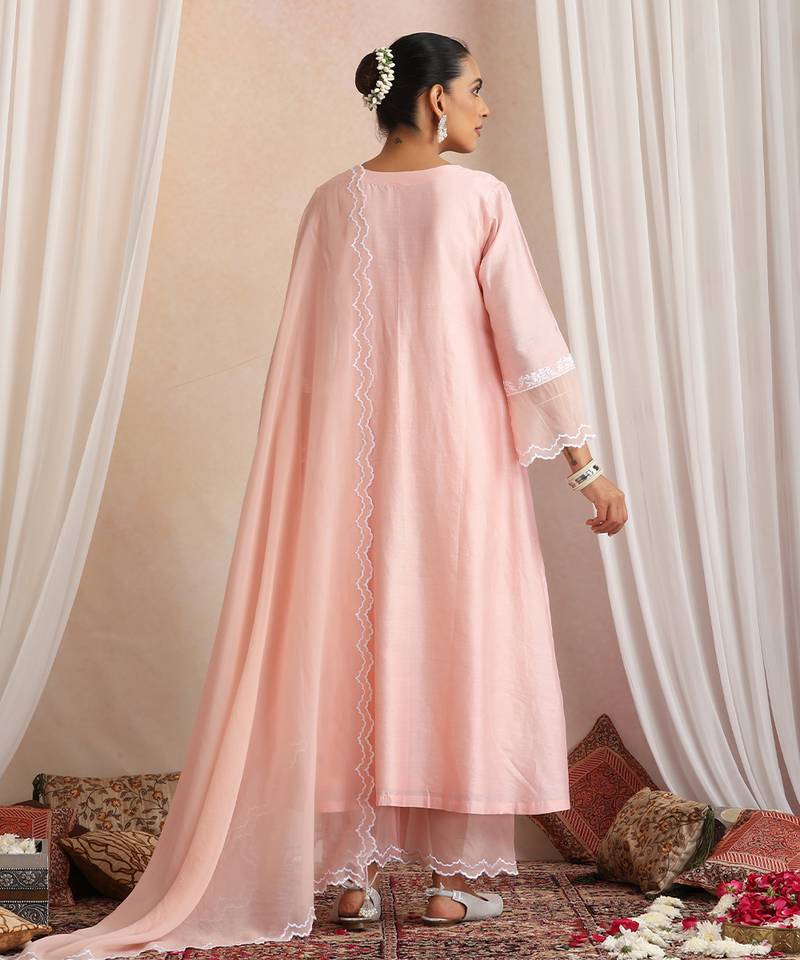 Peach embroidered chanderi kurta set