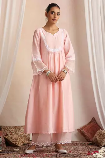 Peach embroidered chanderi kurta set