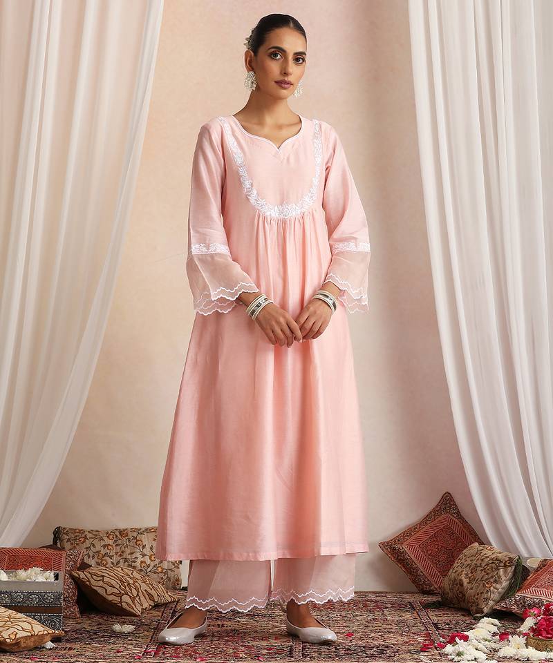 Peach embroidered chanderi kurta set