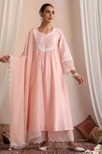 Peach embroidered chanderi kurta set