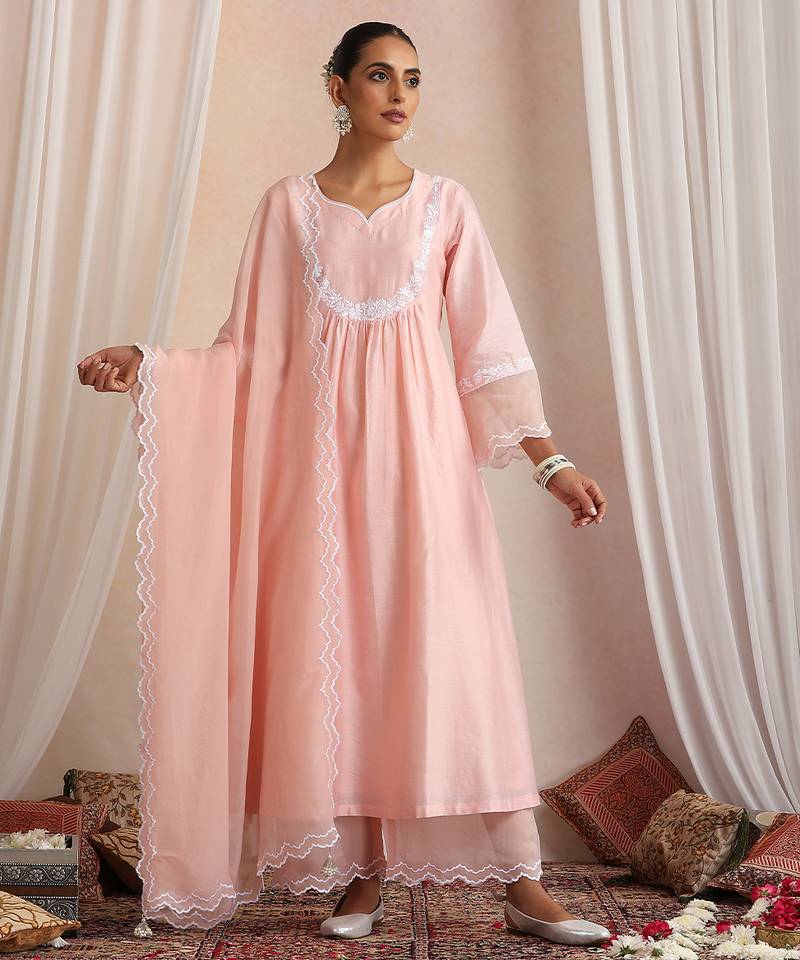 Peach embroidered chanderi kurta set