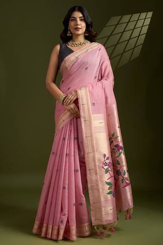 Pink muga cotton silk paithani saree with resham weaving pallu, muniya border & handwoven blouse piece
