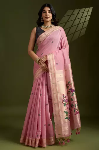 Pink muga cotton silk paithani saree with resham weaving pallu, muniya border & handwoven blouse piece
