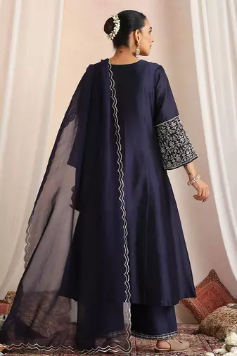 Blue embroidered chanderi kurta set