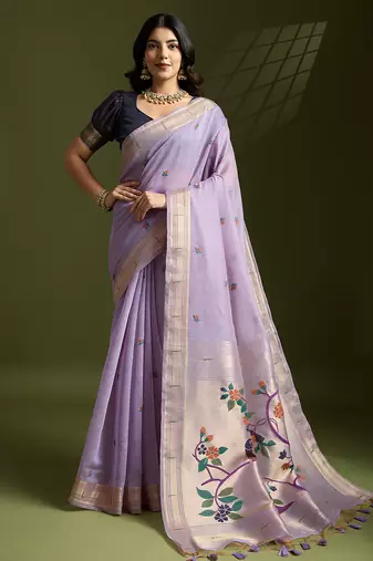 Lavender muga cotton silk paithani saree with resham weaving pallu, muniya border & handwoven blouse piece