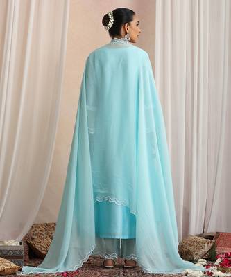 Blue embroidered chanderi kurta set 4