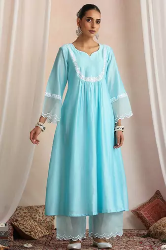 Blue embroidered chanderi kurta set