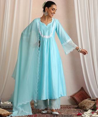 Blue embroidered chanderi kurta set 1