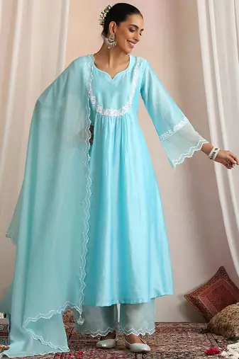 Blue embroidered chanderi kurta set
