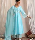 Blue embroidered chanderi kurta set