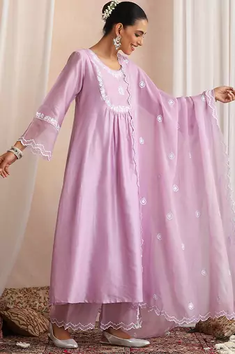 Lavender embroidered chanderi kurta set