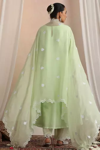 Green embroidered chanderi kurta set