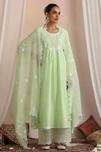 Green embroidered chanderi kurta set