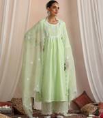 Green embroidered chanderi kurta set