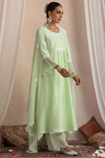 Green embroidered chanderi kurta set