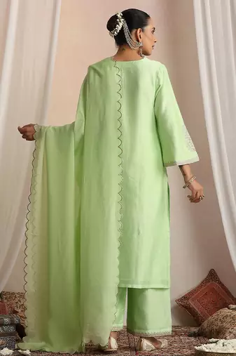 Green embroidered chanderi kurta set