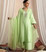 Green embroidered chanderi kurta set