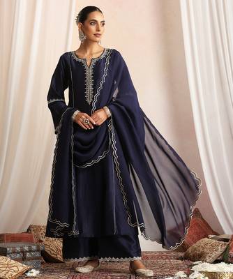 Blue embroidered chanderi kurta set 1