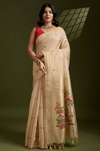 Light beige muga cotton silk paithani saree with resham weaving pallu, muniya border & handwoven blouse piece