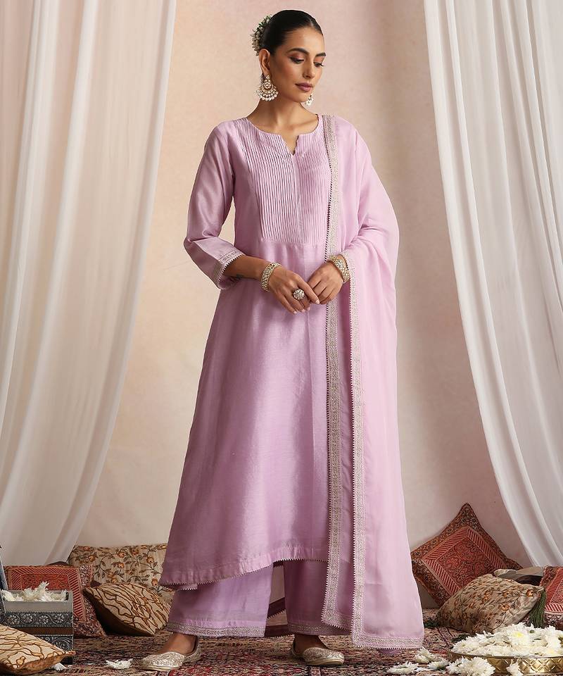 Lavender embroidered chanderi kurta set
