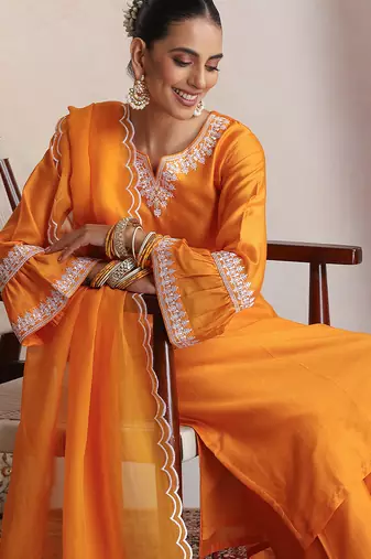 Orange embroidered chanderi kurta set