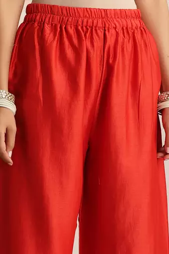 Red embroidered chanderi kurta set