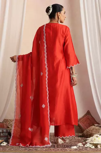 Red embroidered chanderi kurta set