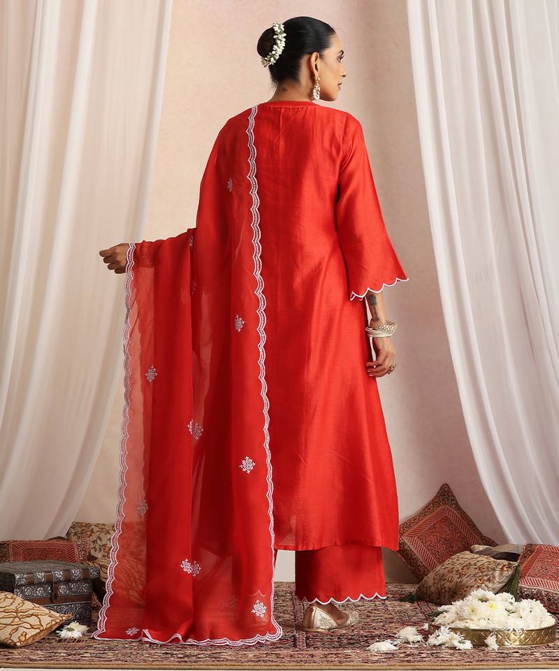Red embroidered chanderi kurta set