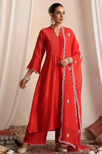Red embroidered chanderi kurta set