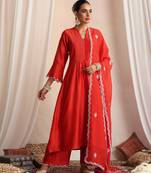 Red embroidered chanderi kurta set