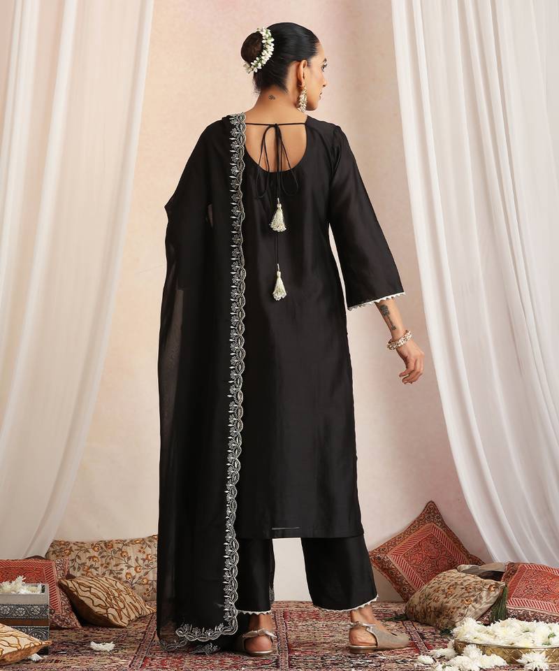 Black embroidered chanderi kurta set