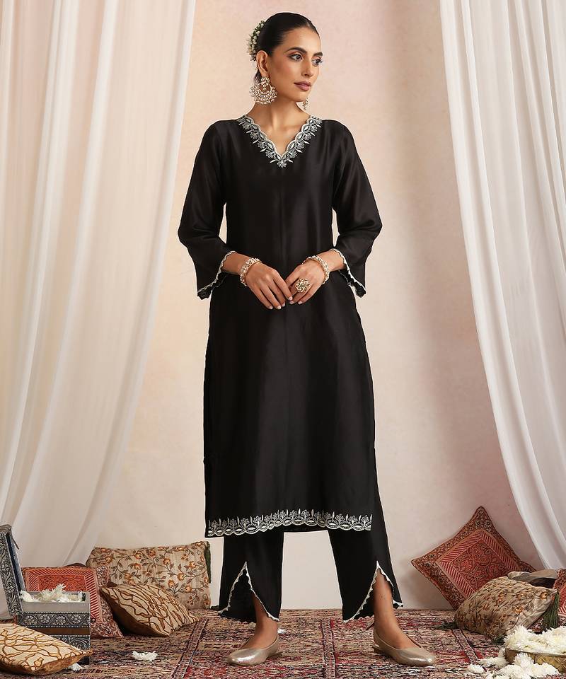 Black embroidered chanderi kurta set