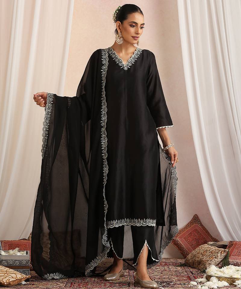 Black embroidered chanderi kurta set