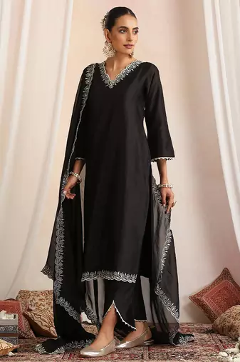 Black embroidered chanderi kurta set