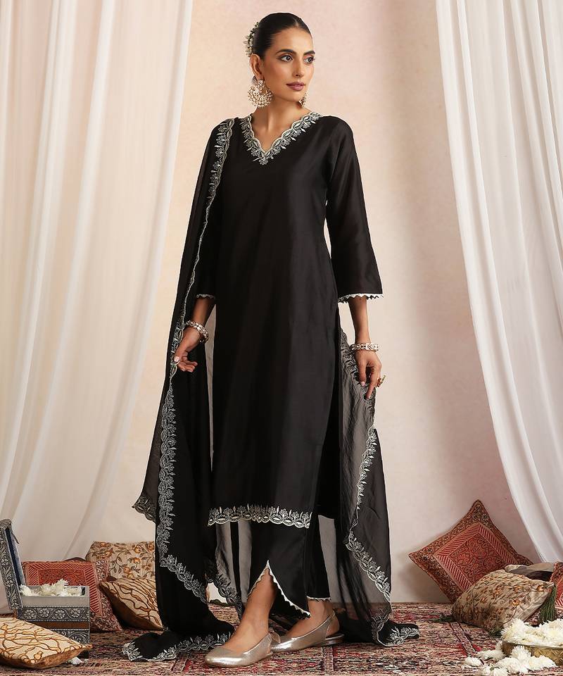 Black embroidered chanderi kurta set