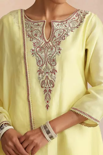 Yellow embroidered chanderi kurta set
