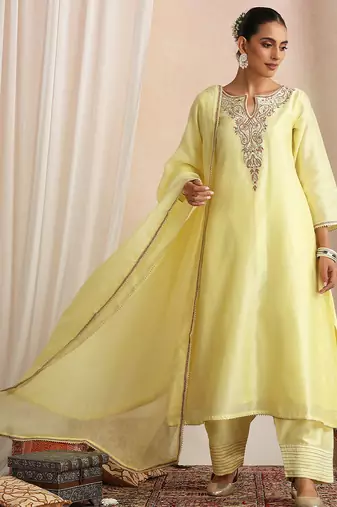 Yellow embroidered chanderi kurta set