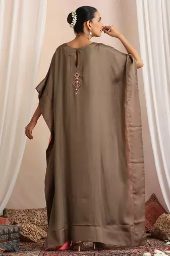 Olive embroidered cotton kaftan