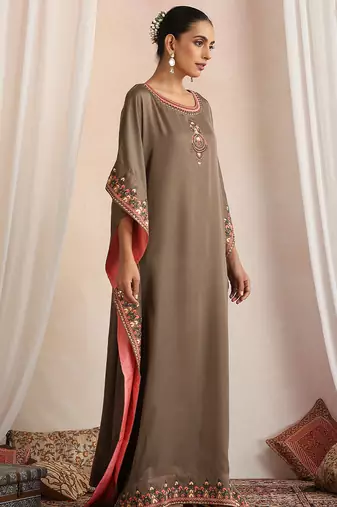 Olive embroidered cotton kaftan